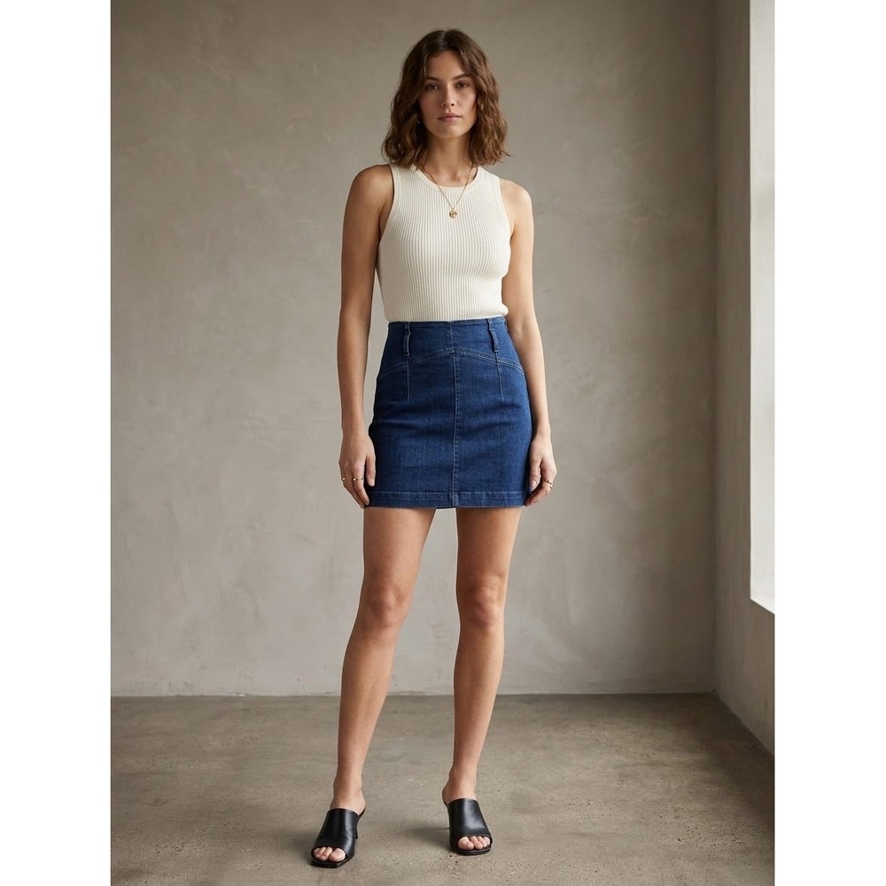 Free People Dark Wash Denim Mini Skirt High Waisted Back Zip Size 6